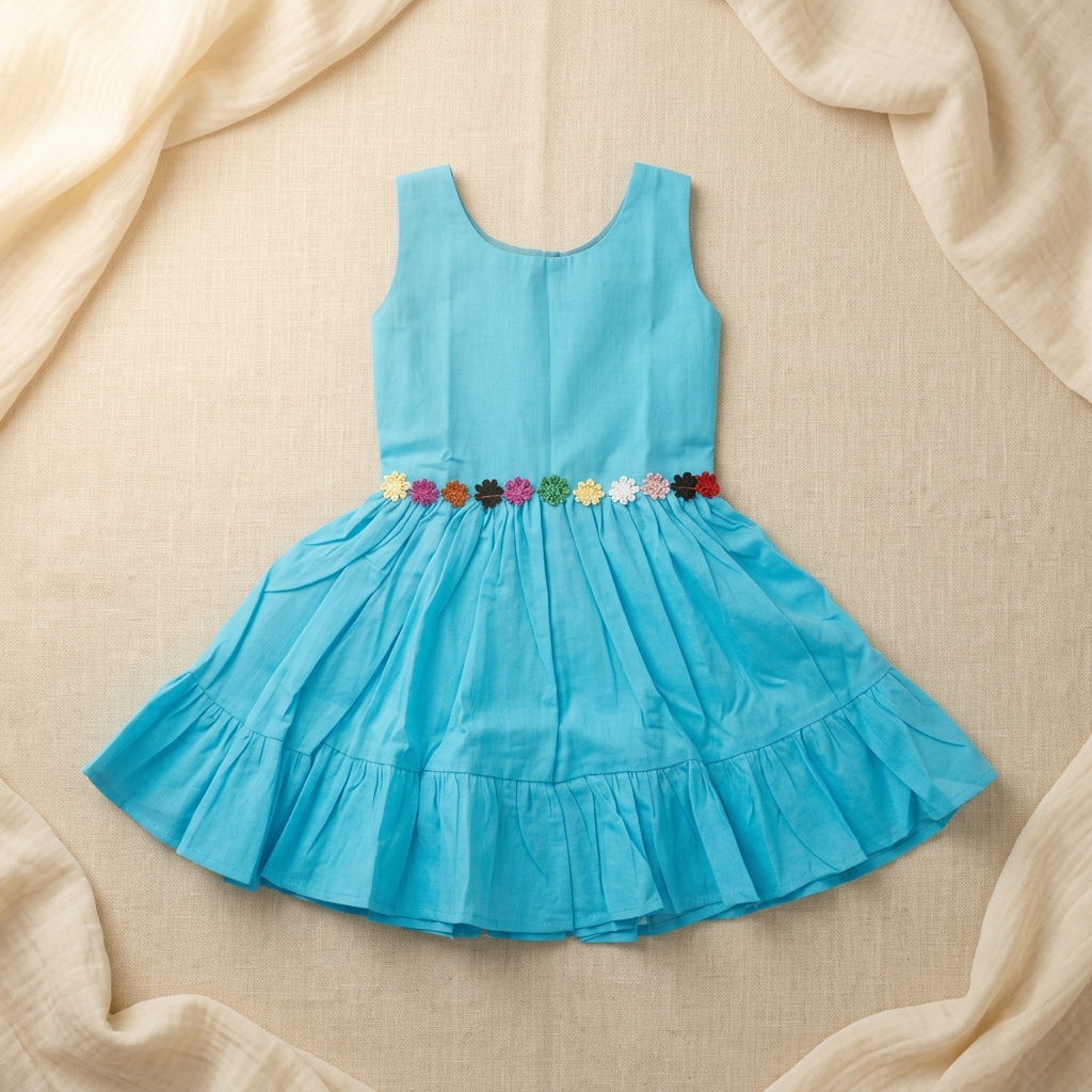 Sky Blue Floral Waist Frock
